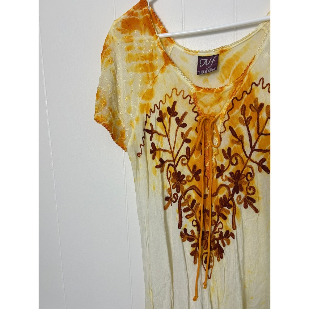 NF Free size Dress Womens Orange Tie Dye Embroidered Boho whimsy festival summer - Picture 5 of 9
